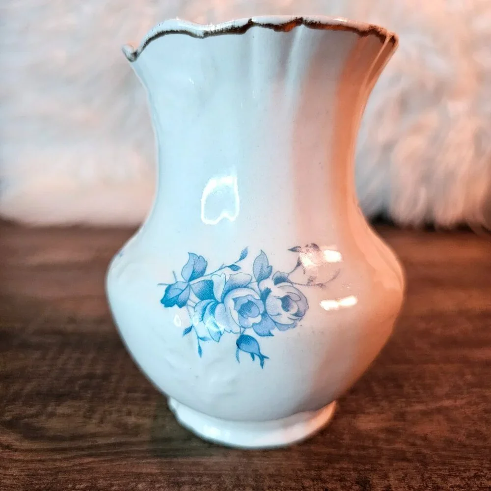 Antique Anchor Pottery 4.75” Small White Porcelain Vase with Blue Roses